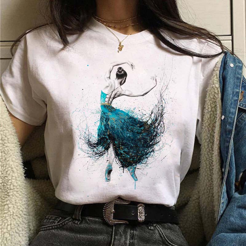 

Maycaur Новая акварельная балетная принтованная женская футболка для танцев балетная O-образная летняя футболка Harajuku Vintage Camisas Mujer XL