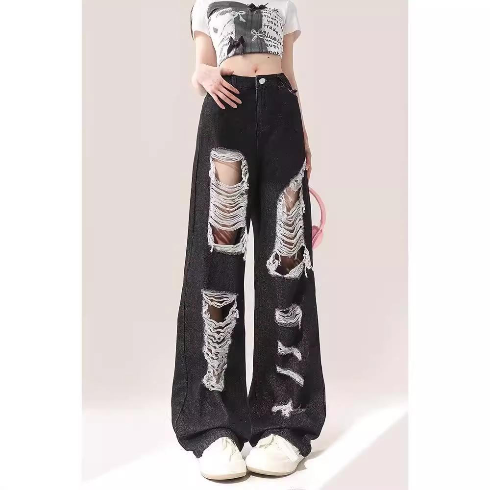 Women's Retro Autumn Wide-Leg Ripped Jeans - Trendy Street Style