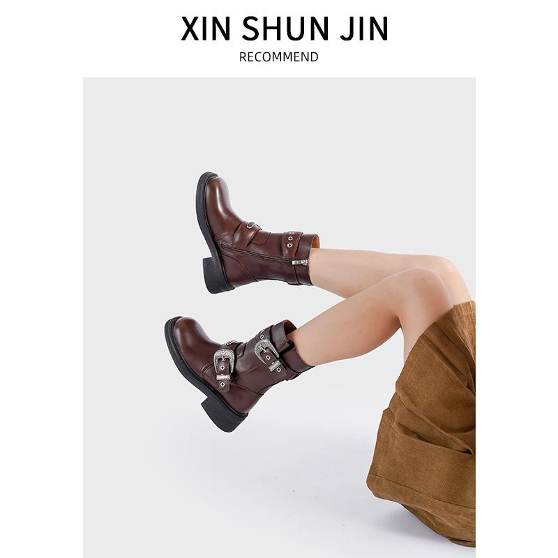Zhao Zhaoyi~ White Deer~ The same 2025 new square head mid-tube boots Merad locomotive boots mid-heel western cowboy boots