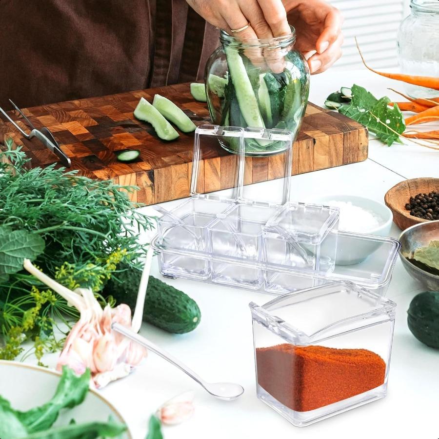 

4 ячейки Прозрачная подставка для приправ Коробка для специй Контейнер для хранения Баночки для приправ Акриловая коробка для приправ с крышкой и ложкой Улучшенная версия United States