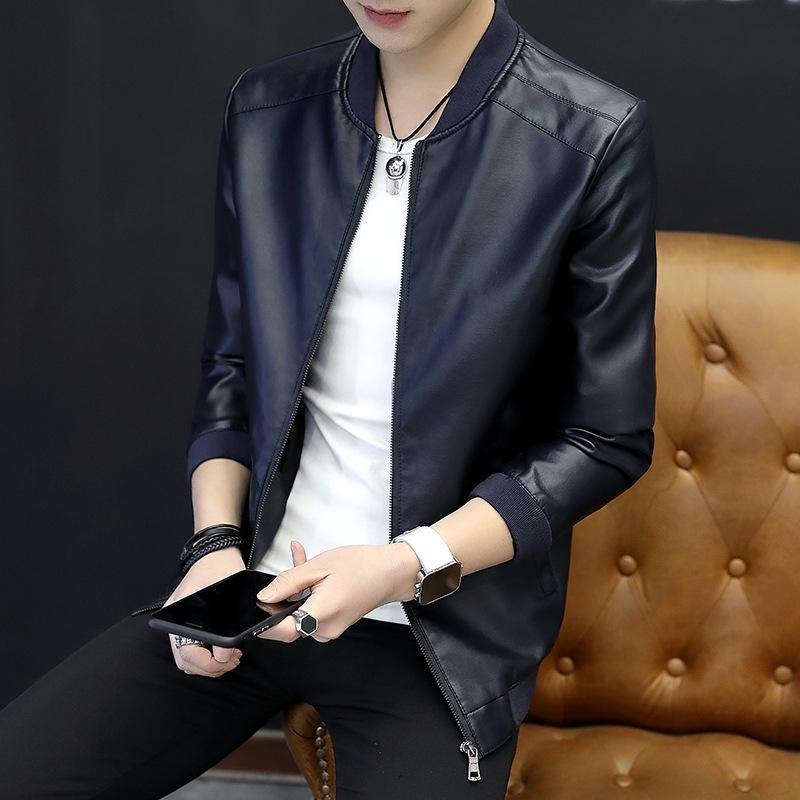 

Мужская облегающая мотоциклетная куртка из искусственной кожи 2023 года — корейский стиль для весны и осени M темно-синий