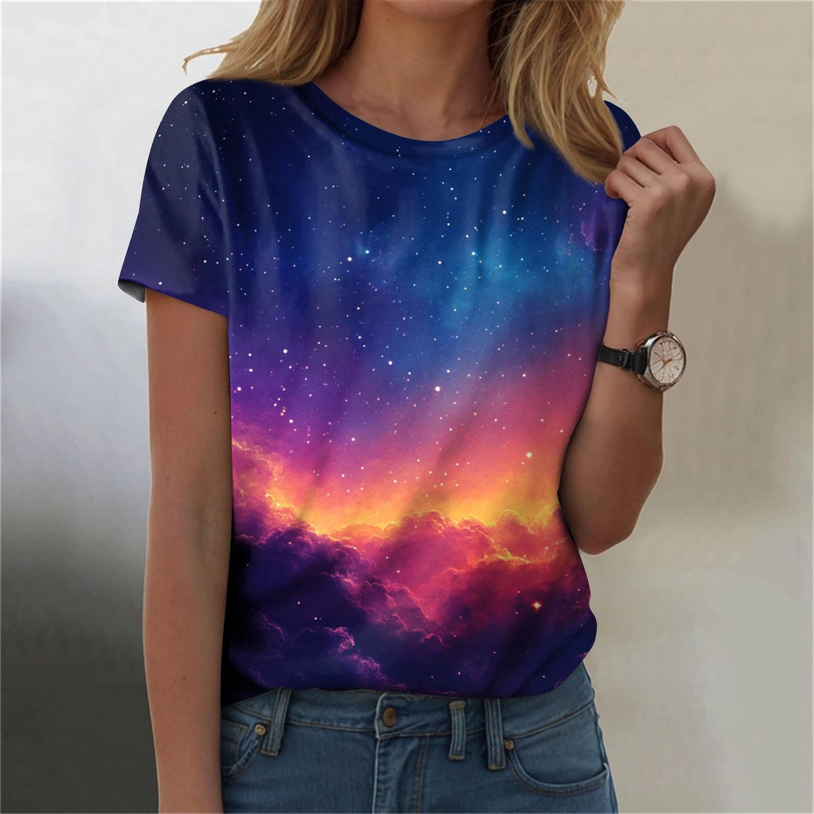 

Женская мода повседневная футболка с круглым вырезом и короткими рукавами с принтом неба XXXL