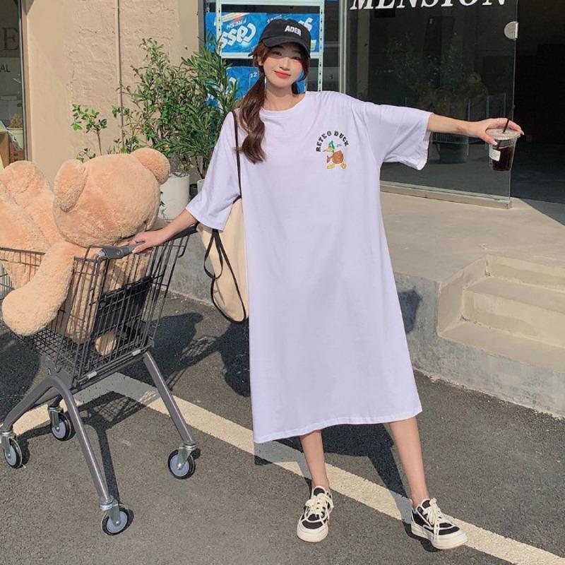 Women's Summer Loose Slit Over The Knee T-shirt Dress Short-sleeved Dress