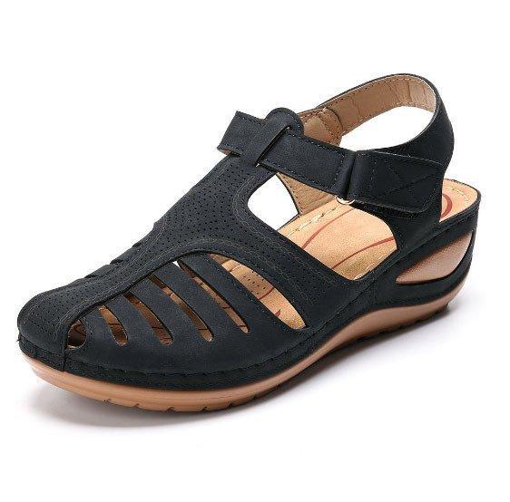 

2026 Women Roman Wedges Leather Sandals Summer Fashion Beach Women Hook & Loop Flat Shoes Party Elegant Ladies Vulcanized Shoes 44 чорний