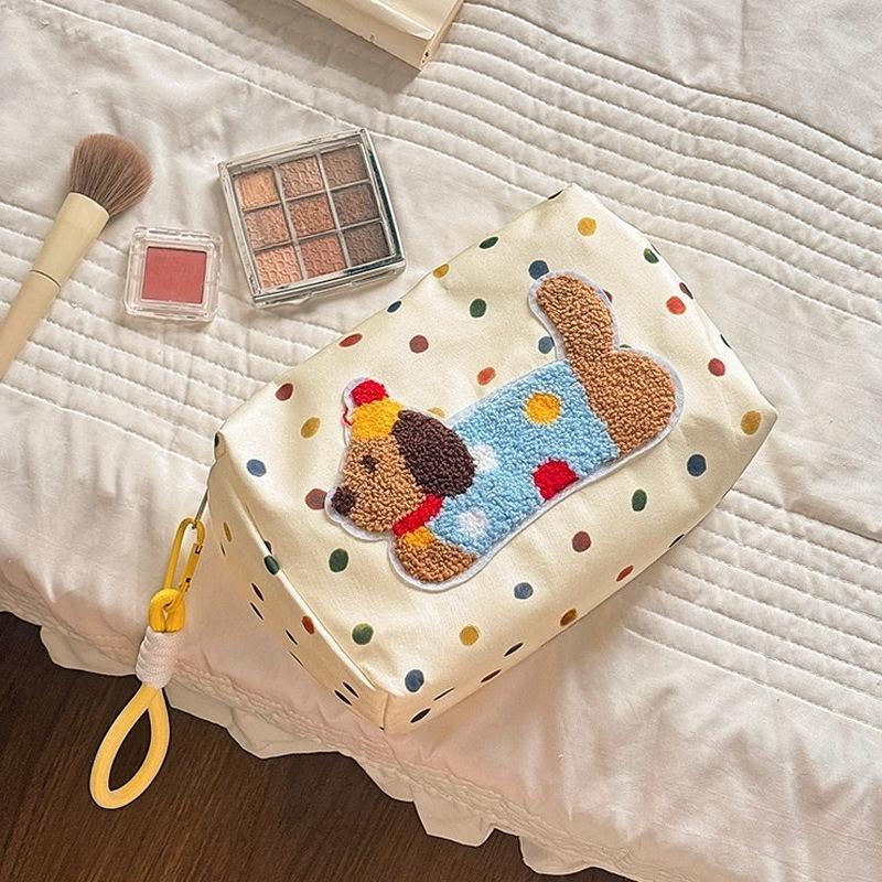 Cute Cartoon Dog Polka Dot Canvas Bag Large-capacity Portable Cosmetic Storage Bags for Travel Makeup Organizer Handbag for Girl
