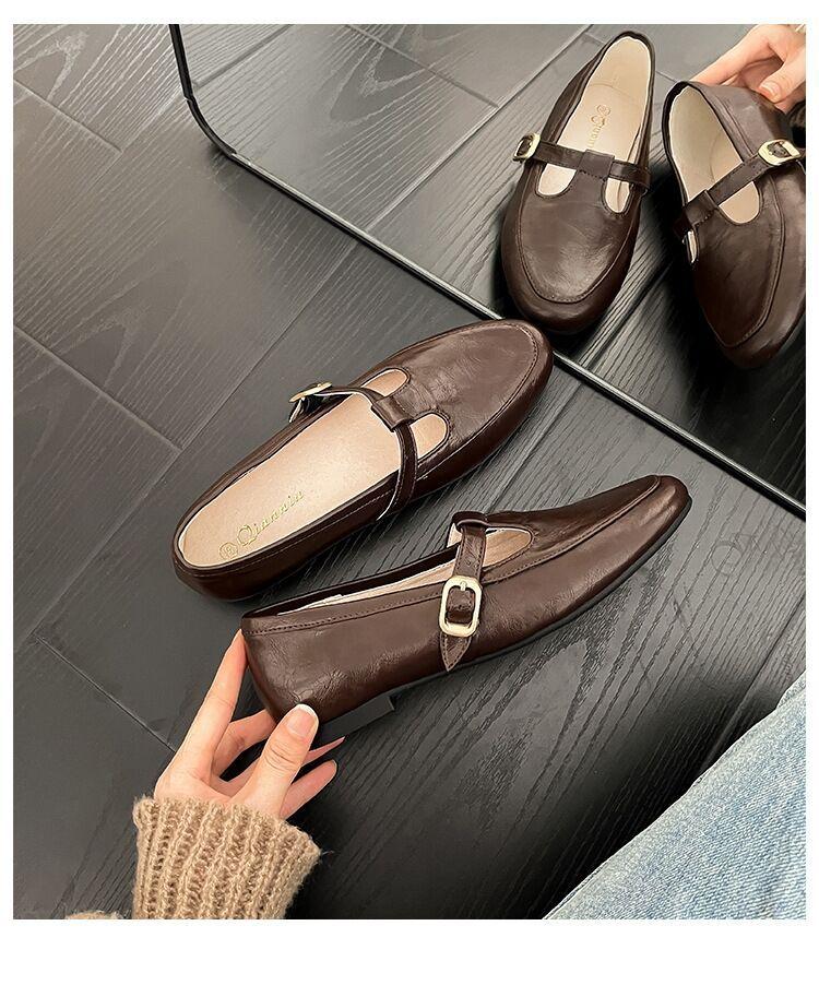 

Туфли-лодочки на низком каблуке женские повседневные маленькие кожаные туфли 2025 новая осень Мэри Джейн женские туфли на плоской подошве корейская версия лоферов 40 темно-коричневого