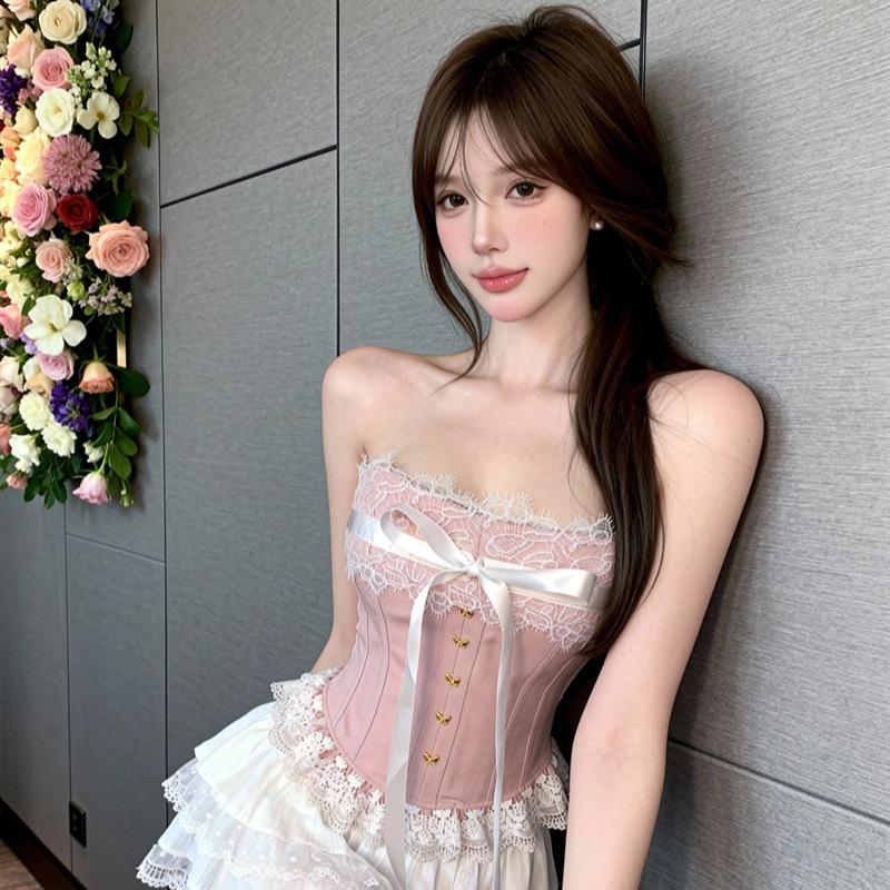 Small Fragrant Wind Bow with Chest Pad, Heavy Industry Lace Sling Vest, Summer One-word Shoulder Fishbone Tube Top