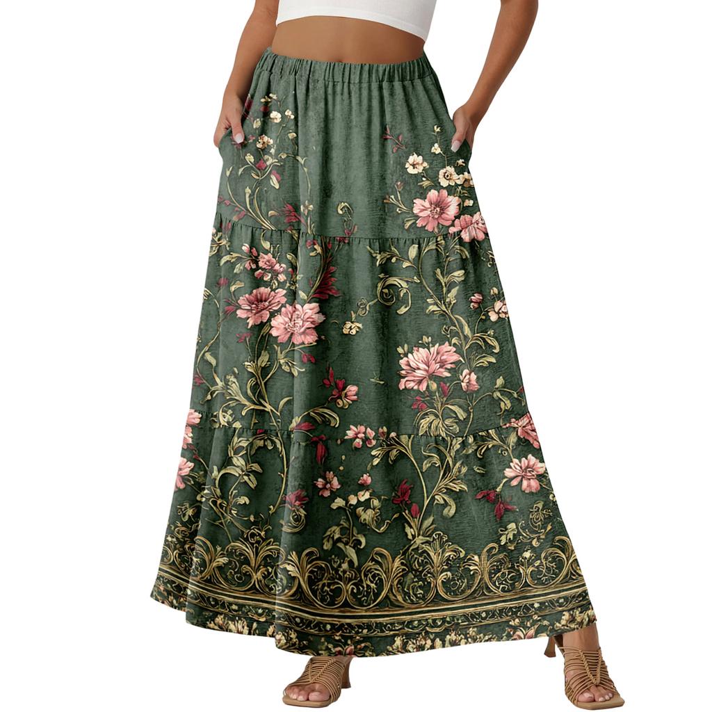 Women's Casual High Waist Drawstring A-line Skirt Color Skirt With Pockets