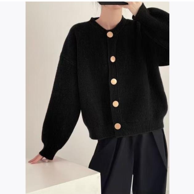 

Женские кардиганы свитера на осень и зиму, вязаные кардиганы свободного кроя с круглым вырезом, однотонные, на одной пуговице, женские свитера One Size чёрный