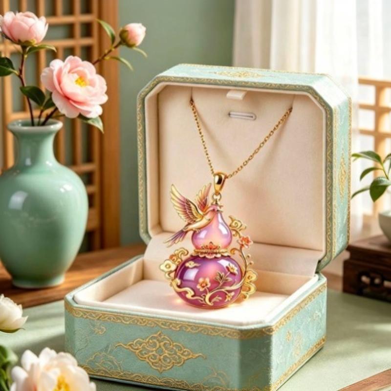 Collier pendentif gourde plaqué or Émail Oiseau Motif floral Bijou délicat pour femme Cadeau d'anniversaire
