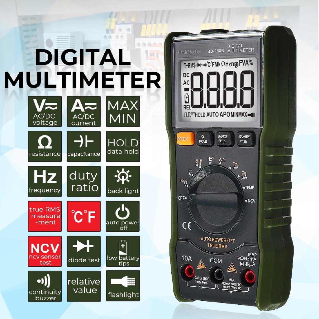 168B Digital Portable Auto Range Multimeter 6000 counts LCD Display Backlight Ammeter Voltmeter AC/DC Voltage Measuring Army green New