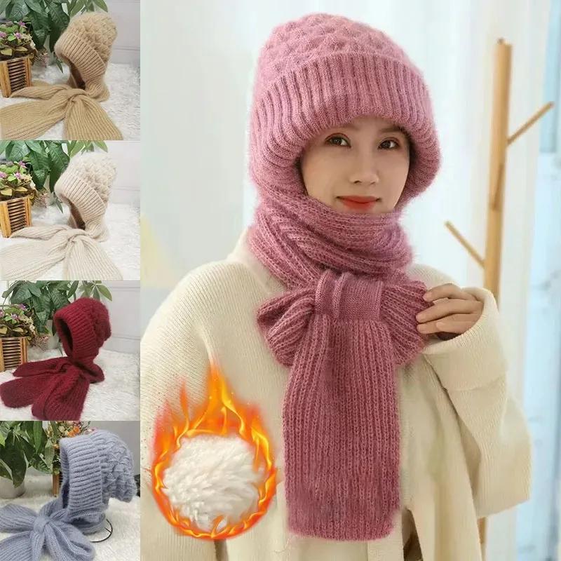 Plüschmütze und Schal, alles in einem, gestrickte Damen-Wintermütze, warmer Schal, verdickter Ohrenschutz mit Kapuze, Outdoor-Skimütze für Damen