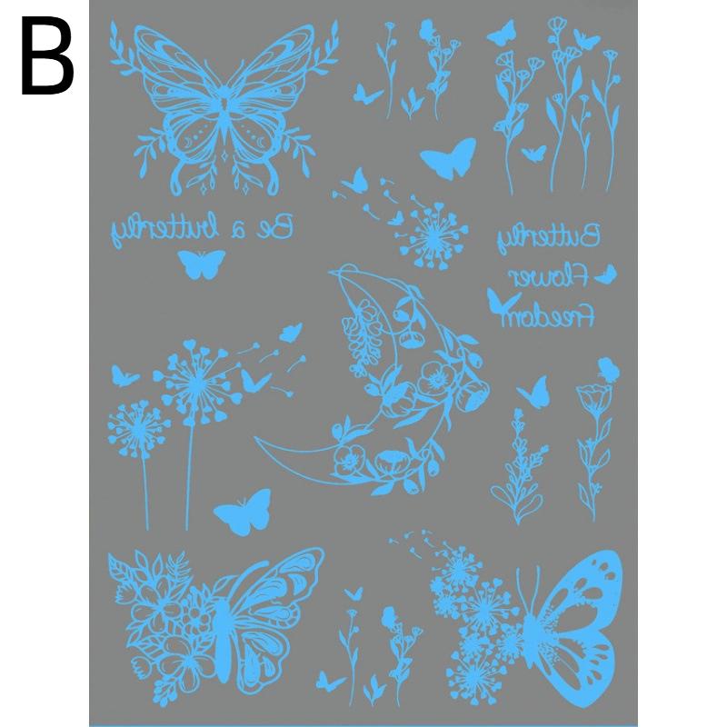1/6 Sheets Blue Luminous Glow Tattoo Sticker Waterproof Temporary Finger Wrist Body Art False Butterfly Tattoo