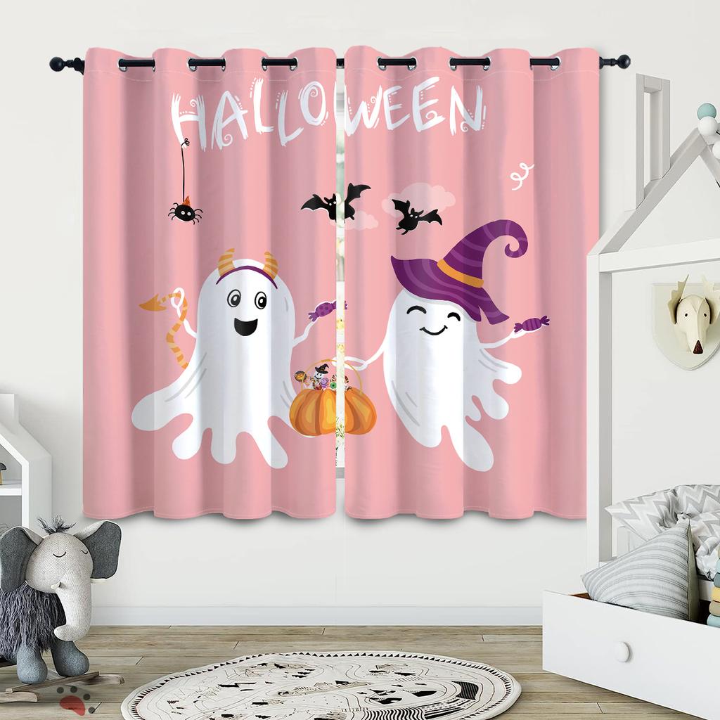 Halloween Themed Cute Ghost Pattern Printed Curtains Decorating Bedrooms Living Rooms Set Of 2 Made Polyester Area Decor