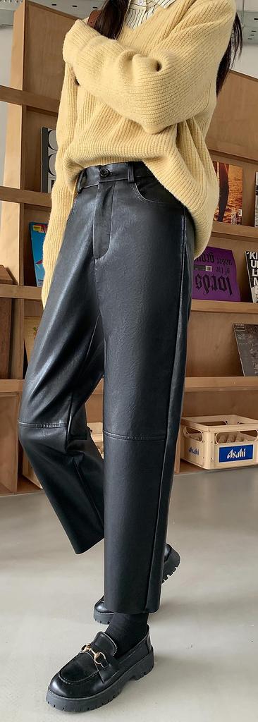 Syvent Length PU Leather Straight Elastic High Waterproof Faux Straight Casual Bottoms Women's 9/10 Pants, Waist, Leather, Leg,