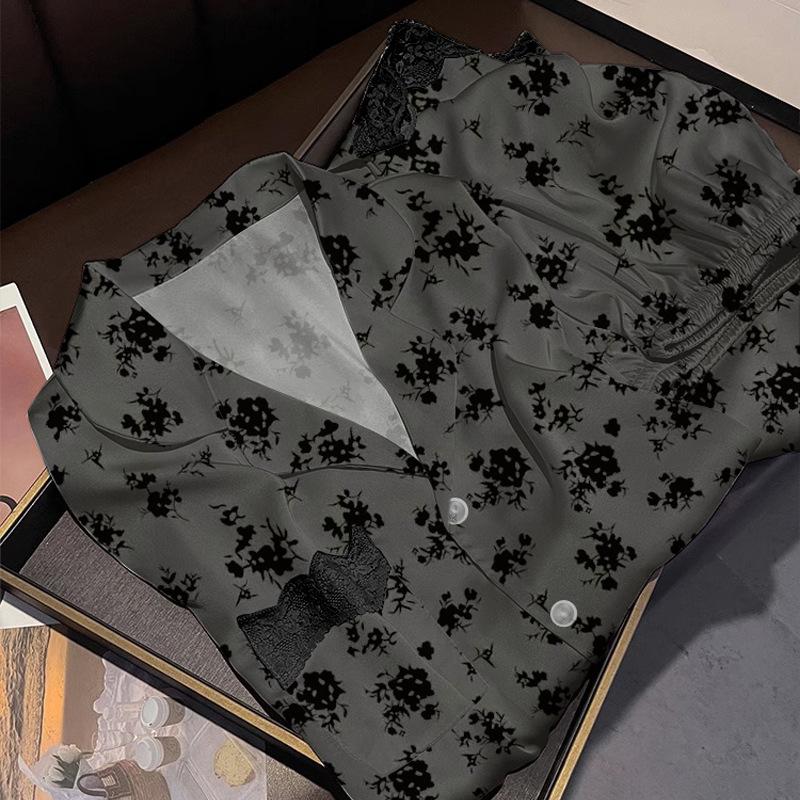 Black Floral Ice Silk Pajamas Women'S Spring Long-Sleeved Lace Lace Fashion Loungewear Set