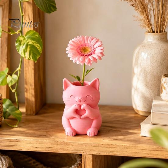 Gifts for Cat Lovers 3D Printed Vase, Cute Smiling with Heart?Hand Gesture Flower Holder, Creative Housewarming Presents Animal Shaped Desktop