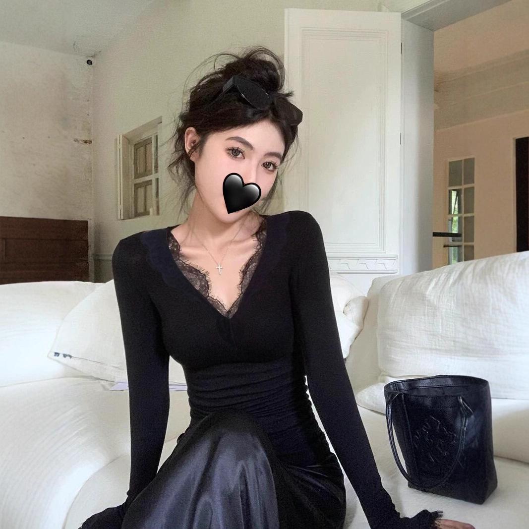 Miu Style Lace Spliced V-Neck Women s Autumn/Winter Warm Base Layer Top Extra Large чёрный