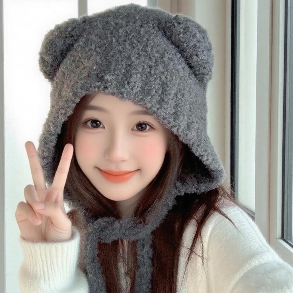 Women'S Fluffy Bear Knitted Beanie - Autumn Winter Thickened Warm Hat With Ear Protection, Cute Fuzzy Winter Cap For Women
