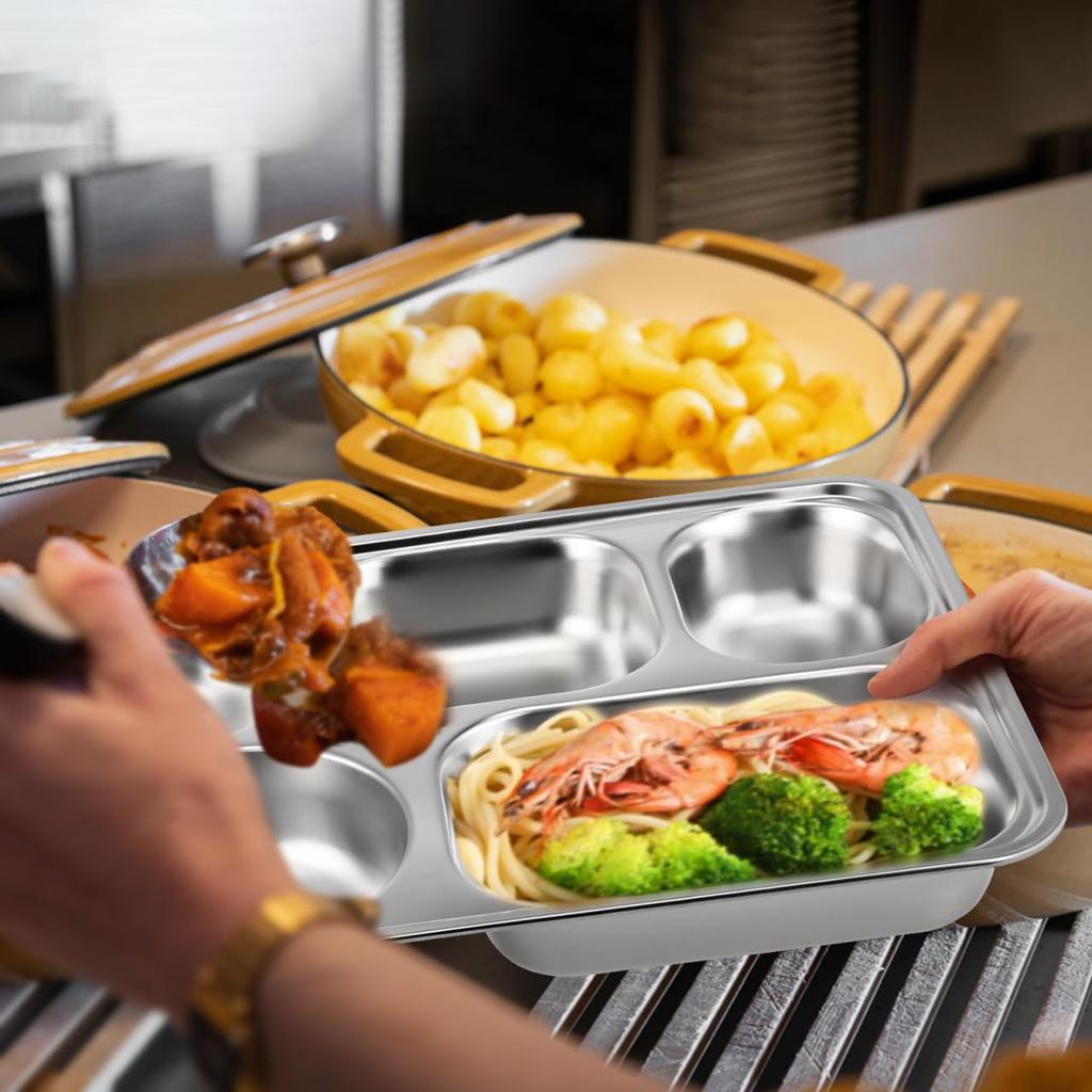 BESTOYARD Stainless Steel Lunch Plate, Divided Plate, Food Tray, Stylish Divided Plate, 5 Compartments (with Lid), Perfect for Camping and BBQ