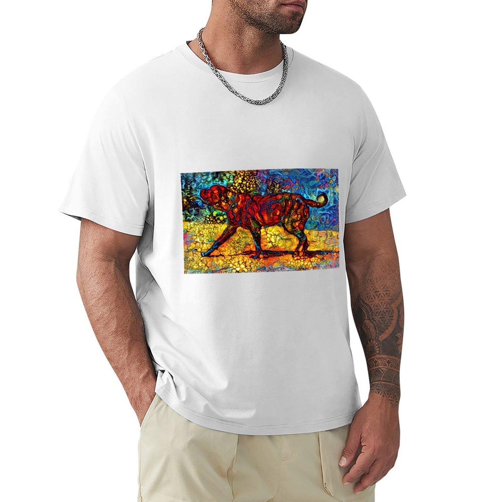English Mastiff Waiting For A Treat Colorful Abstract Painting In Blue Yellow And Red Tshirt Plus Size Summer Casual Tshirt S