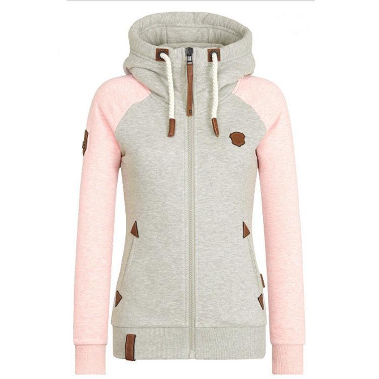 Autumn Women s Leather Patch Color Block Hoodie - Personalized European & American Style L розовый
