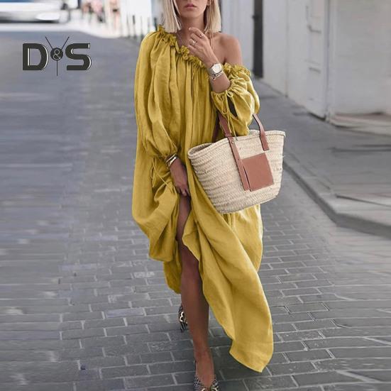 Damenkleid mit schrägem Halsausschnitt, gerafften langen Laternenärmeln, lockere, reine Farbe, plissiert, volle Länge, Urlaub, Strand, Robe, Maxikleid