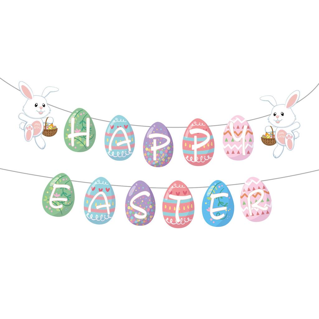 Happy Easter Banner Colorful Bunny Easter Eggs Carrot Banner Garland Signs Spring Themed Easter Day Decorations for Home