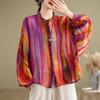 Spring Autumn New Round Neck Long Sleeve Fashion Shirt Women Casual Striped Patchwork Button Cardigan Elegant Cotton Hemp Tops