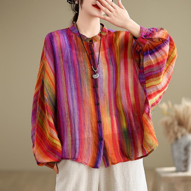 Spring Autumn New Round Neck Long Sleeve Fashion Shirt Women Casual Striped Patchwork Button Cardigan Elegant Cotton Hemp Tops