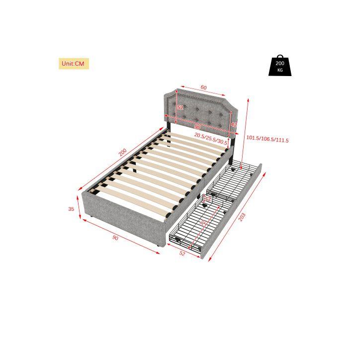 Lit Plat 90*200 Cm, Lit Rembourré, Chevet Rembourré Avec Rivets Décoratifs, Double Tiroirs, Gris
