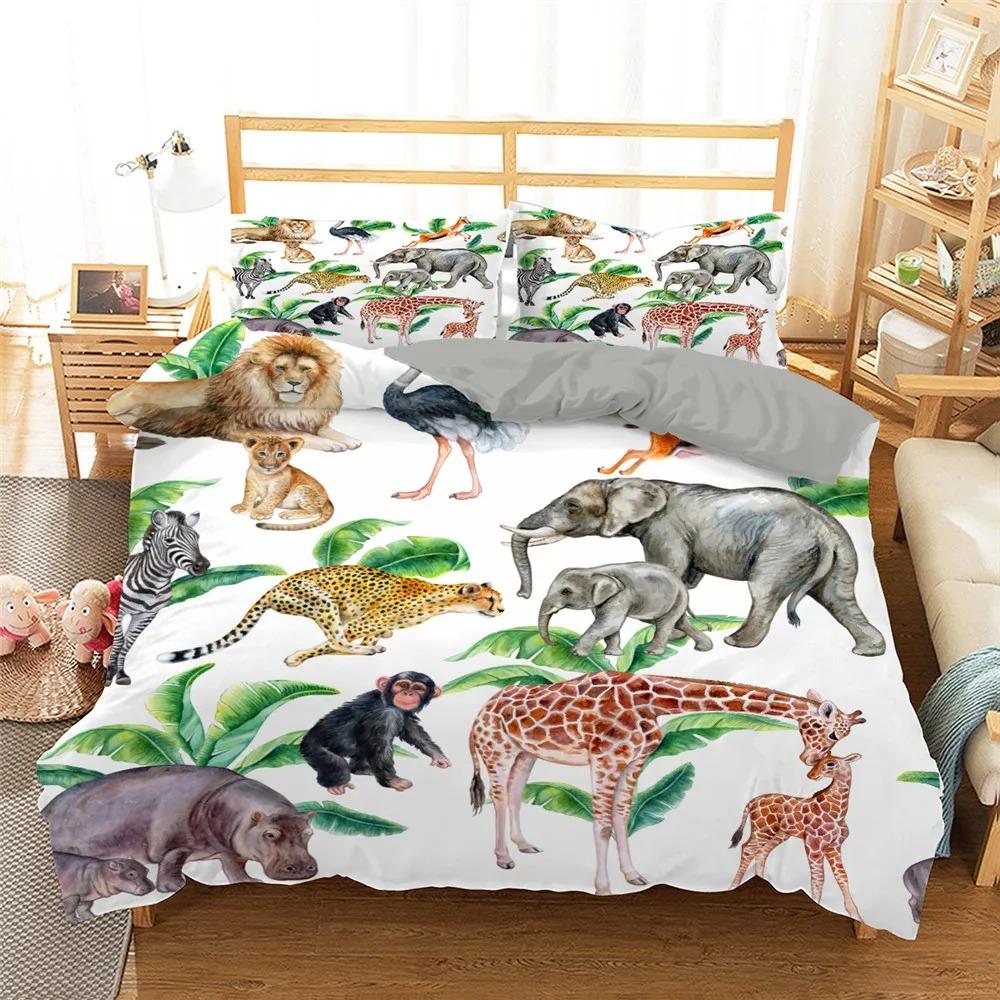 Jungle Animal Duvet Cover King Queen Tropical Plants Palm Leaves Bedding Set Kids Tiger Wildlife 23pcs Polyester Quilt Cover