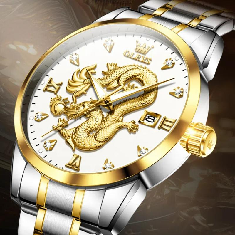 OLEVS Mens Watches Top Brand Luxury China Loong Dragon Dial Gold Quartz Watch for Men Waterproof Luminous Date Fashion Wacth Men