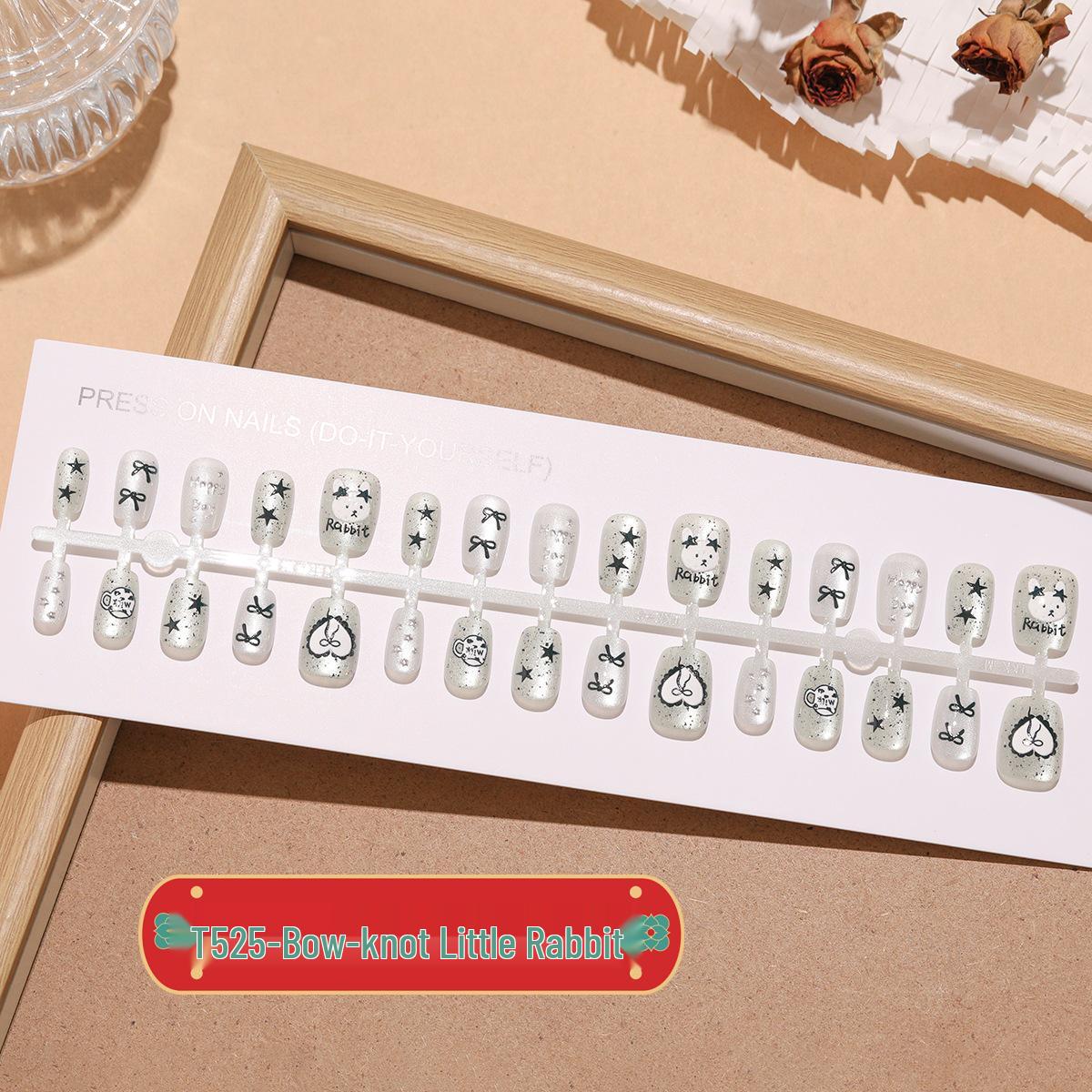 

Bowknot Little Rabbit Super Short Ladder Manicure: Cat Eye Wearable Nails with Black Stars in Advanced Manicure Patches Whole Set S/S/S