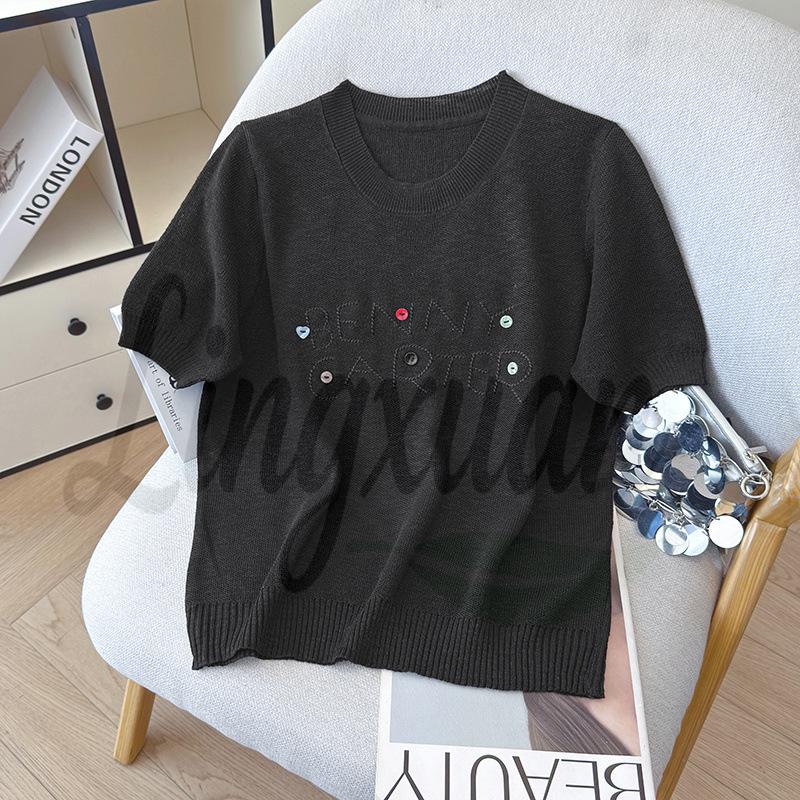 

2026 Summer Versatile Embroidered Ice Silk Tencel Knit Women s T-Shirt One Size