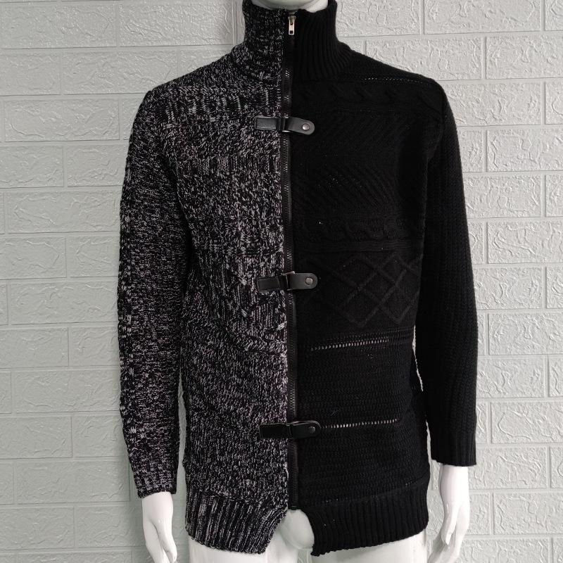 Men's Plus Size Color Block Buckle Knit Cardigan - High-Neck Long Sleeve Sweater for Autumn/Winter