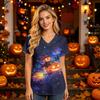 Women’s V Neck Short Sleeve Top with Halloween House Print and Functional Pocket for Healthcare Professionals
