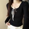 Women's Stylish White Slim Fit Long Sleeve Faux Two-Piece Top for Early Autumn