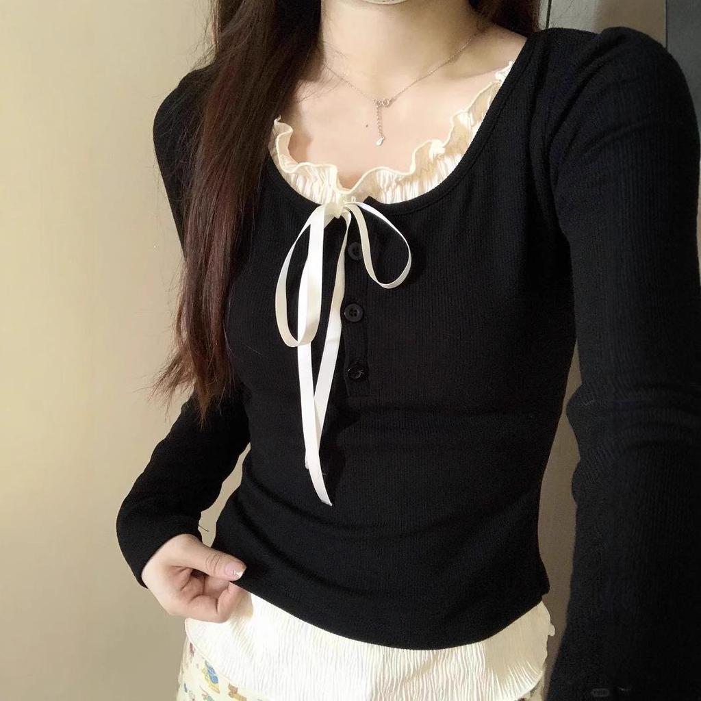 Women's Stylish White Slim Fit Long Sleeve Faux Two-Piece Top for Early Autumn