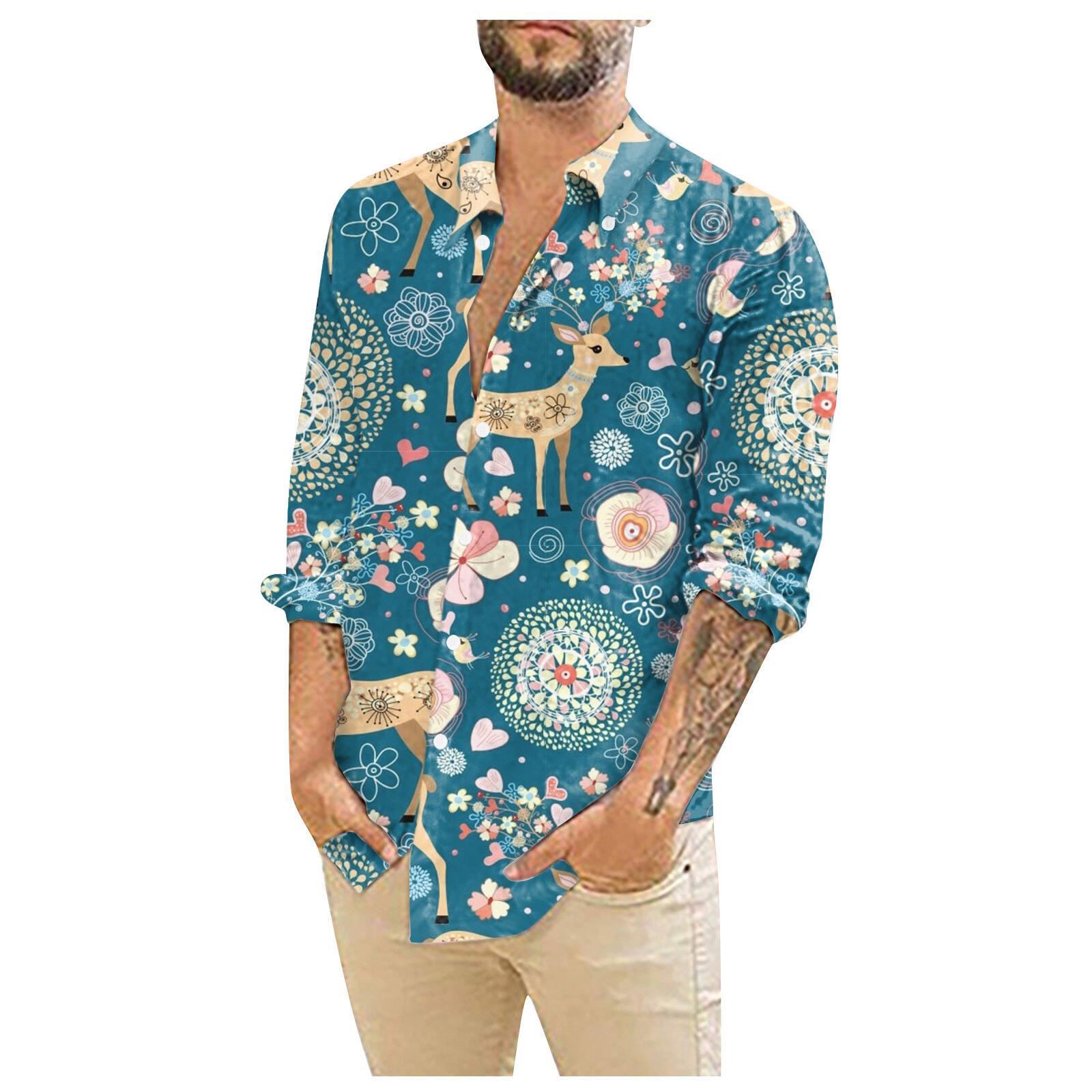 

Мужские рождественские рубашки с длинным рукавом и цветочным принтом, топы на пуговицах, забавная милая классическая рубашка с рисунком XXXXL циан