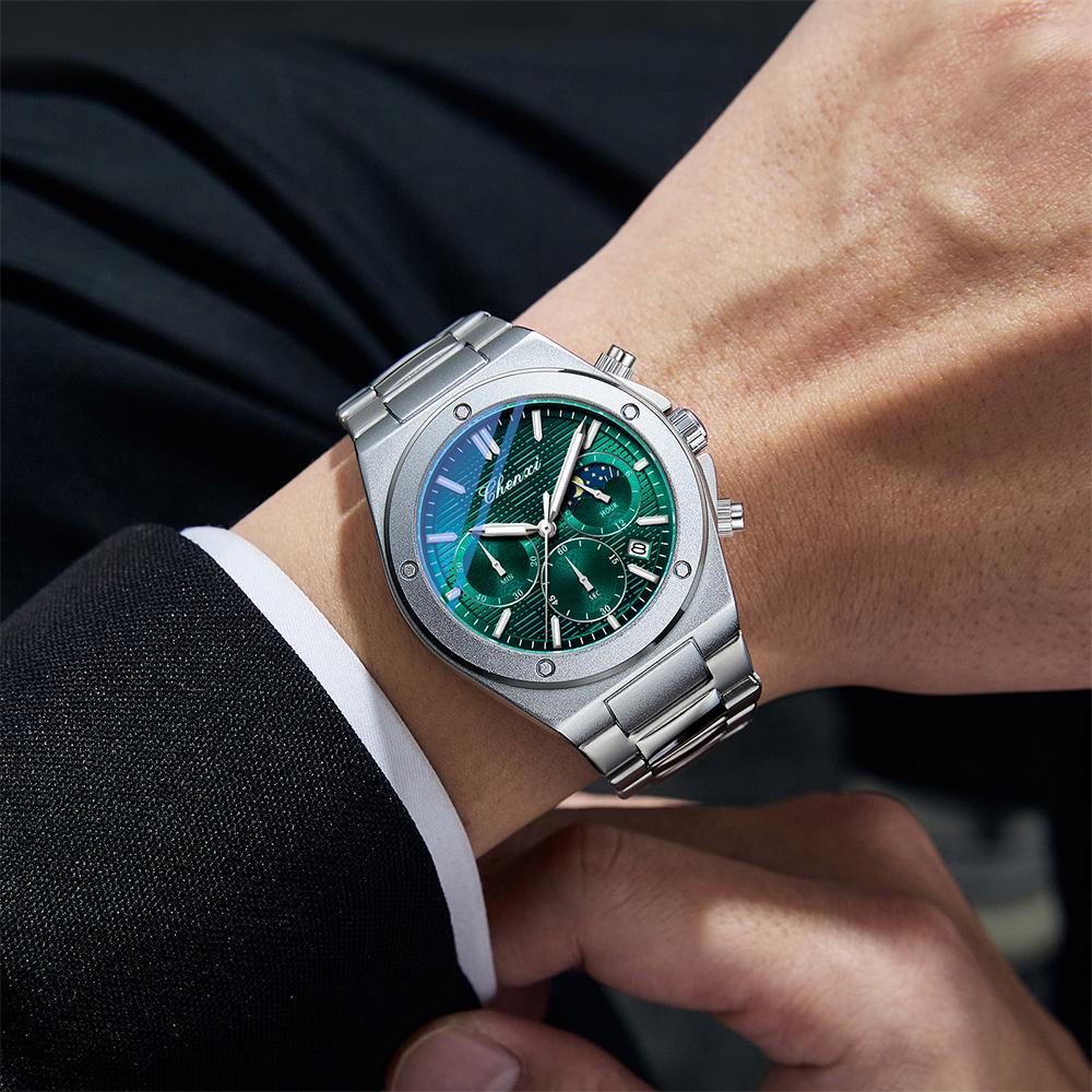 CHENXI Watch Man New Multi-functional Quartz Wristwatches Fashion Chronograph Date Moon Phase Luminous Steel Strap Men's Watches