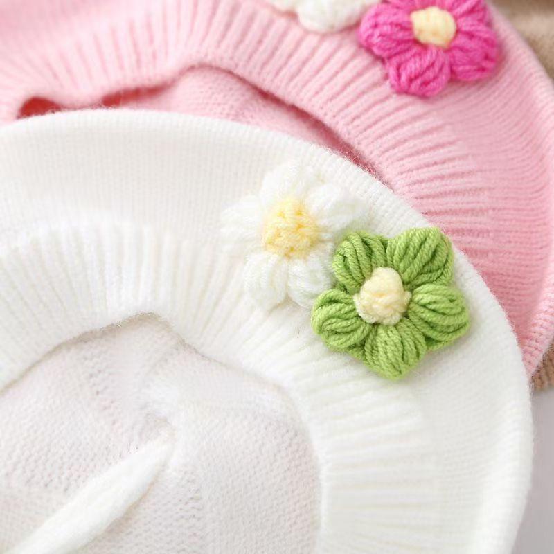Kwiatowy Dziecięcy Beret Zimowy Ciepły Dzianinowy Czapka Beanie Dla Niemowląt Dziewczynek Koreański Maluch Księżniczka Artysta Jednolity Kolor Malarski