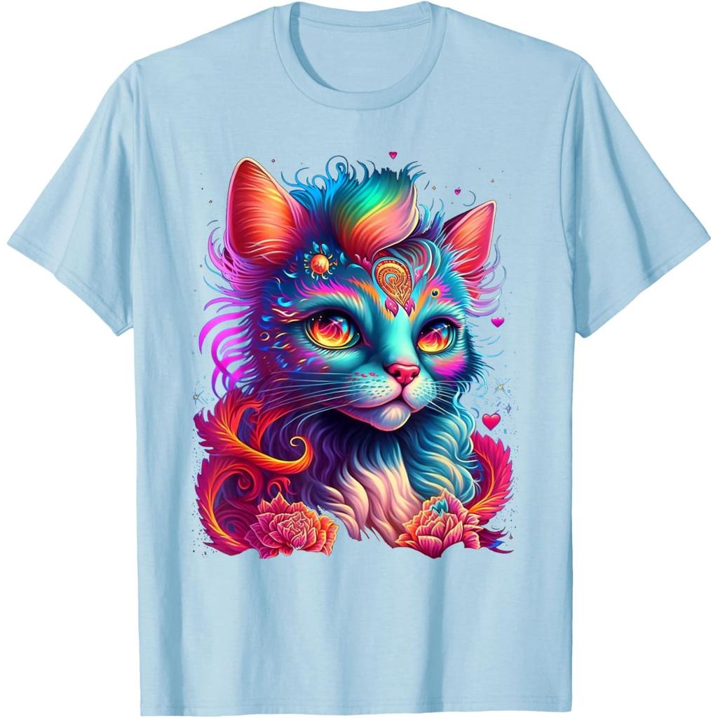 Psychedelic Rainbow Kitten Graphic Tee Men Casual Breathable Pure Cotton Round Neck T-Shirt