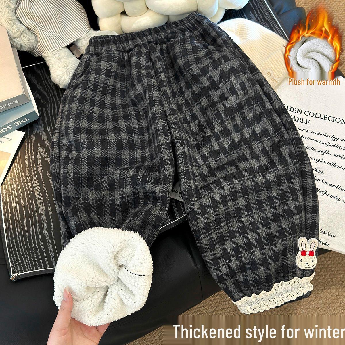

Модные клетчатые брюки в стиле принцессы с флисовой подкладкой для девочек среднего и большого размера – Уютные осенне-зимние спортивные штаны, Хит продаж 80cm