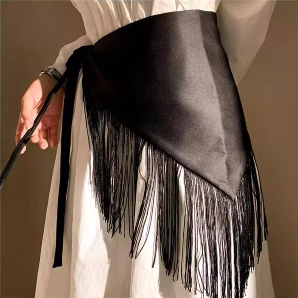 Retro Wide Belt Waist Belt Tassels Triangle Shape Dance Belt Waistband Belt Women чёрный