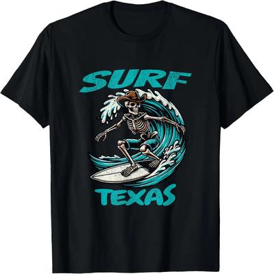 Surf Texas Cowboy Skeleton Surfing Radical Texan Waves Yeeha T-Shirt