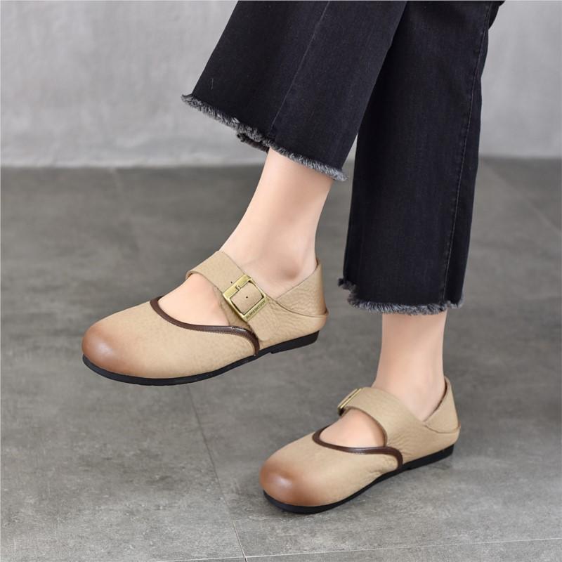 Johnature Retro Genuine Leather Soft Soled Shallow Women's Shoes Versatile Belt Buckle Round Toe Flat Shoes