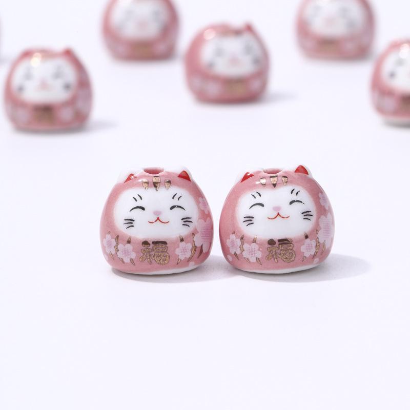 Ceramic Lucky Cat DIY Bracelet Pendant - Vertical Hole Beaded Charm Daruma Cat Accessories