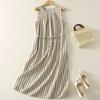 Women's Sleeveless Striped Midi Dress Drawstring Waist Loose Casual Blend Summer Dress