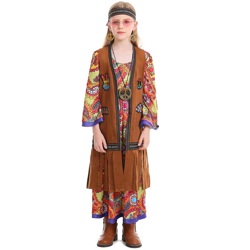 Kinder Mädchen Retro 70er Hippie Disco Sängerin Tänzerin Primitiver Stamm Blumenkleid Weste Set Land Halloween Cosplay Kostüme Outfit
